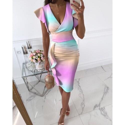 Casual Women Tie Dye Floral Sexy Tight Dress 2021 Elegant Ladies Summer V-neck Fashion Slim Fit Waist Ruffle Pleated Clothing