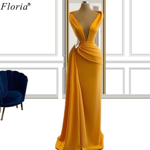 Plus Size Yellow Prom Dresses Mermaid Arabic Simple Evening Dresses Women Party Night V-Neck Sexy Vestidos De Fiesta Robes