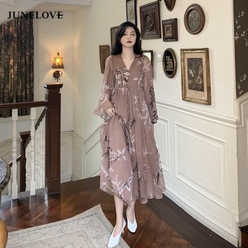 Leak Back Floral Print Lace-Up Waist Long Sleeve Boho Dresses Loose Female Party Vestidos Vintage Casual Elegant Ladies Robes
