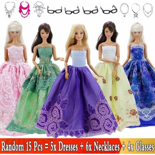15 Pcs/Lot = Random 5x Dress Wedding Party Long Gown + 6x Necklaces + 4x Glasses Clothes Accessories for Barbie Doll Accessories