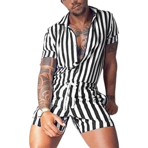 2021 Summer Men Short Sleeve Jumpsuit Stripe Drawstring Sportswear Casual Street Wear Jumpsuit Sexy Male Lapel Thin Tracksuit
