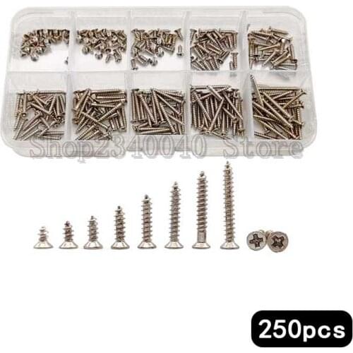 250pcs/set Self-Tapping Screws Kit Metal Screws M2*4/5/6/8/10/12/14/16/18/20mm Nickel Plated Cross Countersunk Head Screws