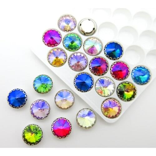 AB colors Silver base lacy claw high quality Rivoli round shape glass crystal strass sew on rhinestones Diy clothing accessories