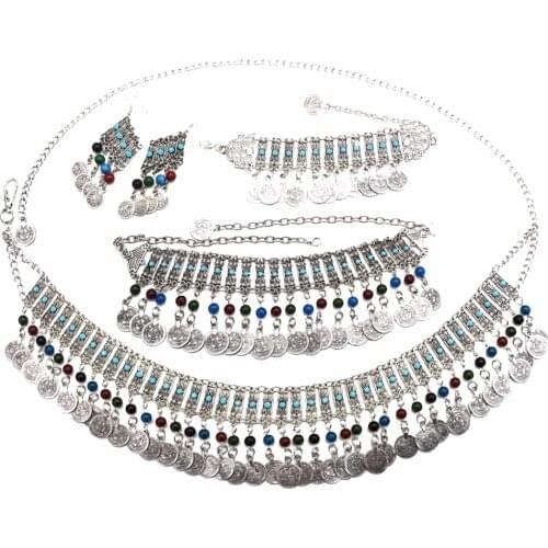 Turkish Jewelry Sets Coin Tassel Crystal Rhinestone Bib Statement Necklace Earring Hair Clips Bridal Tribal Jewelry Sets