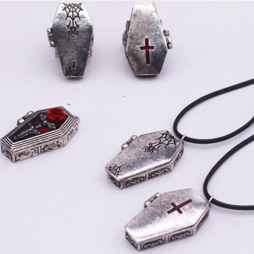 Black Dark Goth Coffin Ring Women Jewelry Wholesale Silver Color Men Necklace Free Shipping Punk Cross Accessories Gift VGR012