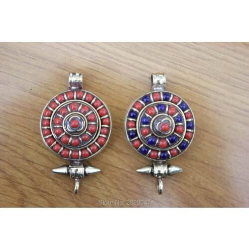 PN088 Ethnic Tibetan Brass Inlaid Red Coral Lapis Beads Prayer Box Pendant Necklace For Women Handmade 29mm Round Amulet Gau