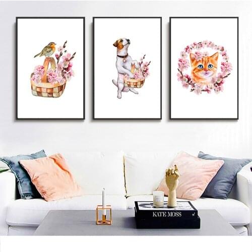 Watercolor Dog with Flowers Poster Art Prints Wall Pictures for Living Room Canvas Painting Girls Gift Room Decor Nodric Style