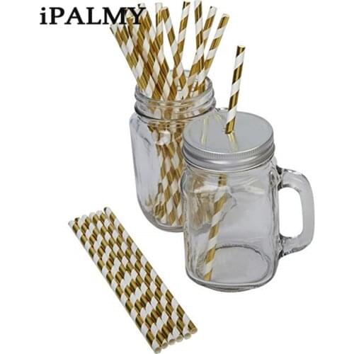 Ipalmay 200pcs Eco-friendly Biodegradable Stripe Straws Foil Gold Paper Drinking Straws for Party Wedding Birthday Decorations