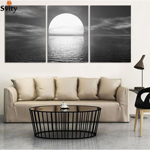 Fashion 2015 new wall art Sea full moon night home decoration abstract HD large canvas paintings 3pcs/set
