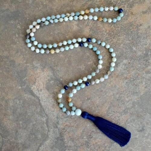 108 Meditation Beads Necklaces Yoga Jewelry Amazonite Mala Beads Necklace Handmade Blue Tassel Necklace For Men