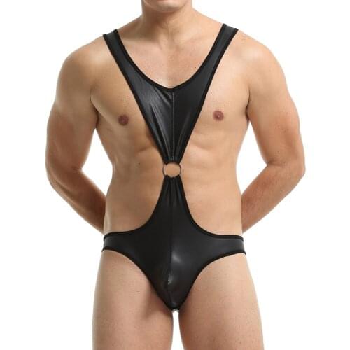 Mens Undershirts Thongs Soft PU Leather Bodysuit Pouch Open Crotch Underwear Gay Sissy Sexy Backless Wrestling Singlet Jumpsuits