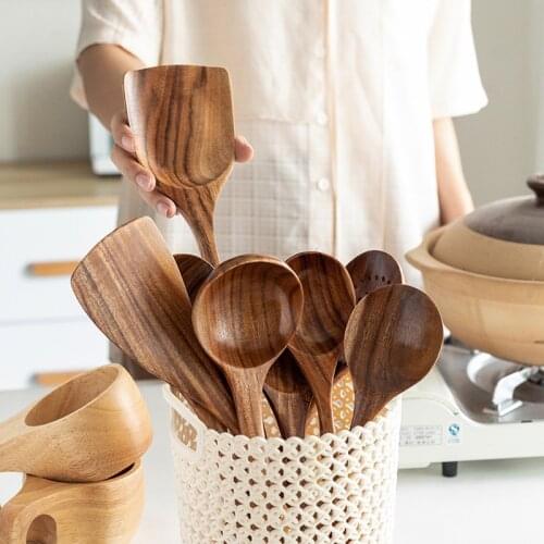 Natural Wooden Kitchen Utensils Set Cooking Spatula Nonstick Tools Spoon Colander Japanese Style Long Handle Spoon Eco-friendly