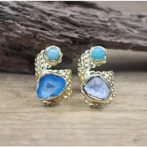 Natural Amazonite&Geode Open Ring Golden Stone Quartz Druzy Drusy Resizable Finger Rings Fashion Men Jewelry Dropshipping,QC4069