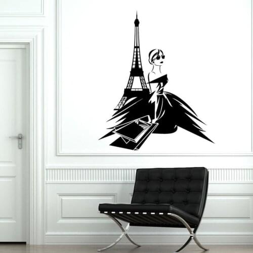Shopping Girl Wall Decal Paris France Sexy Women Tower Vinyl Sticker Bedroom Shop Mall Market Wall Art Modern Decor S594