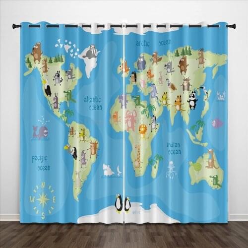 Cartoon Animal World Map Curtain for Living Room Bedroom Curtain Window Treatment Blinds Drapes Kids Room Curtains