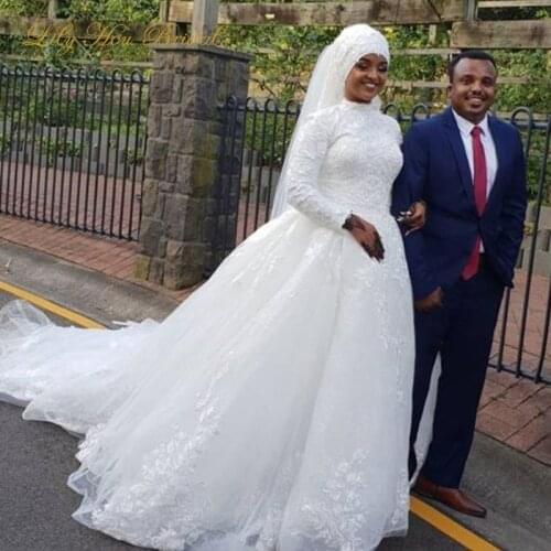 Modest Muslim Wedding Dress High Neck Long Sleeve Lace Appliques Tulle Custom Made Bridal Gowns