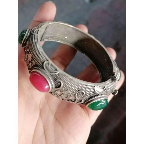 Old Chinese tibet silver inlay red green jade carving bat Bracelet