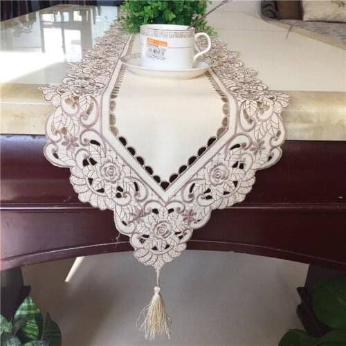 Light grey Elegant Embroidery Table Runner Pastoral Fabric Tea tablecloth, Luxury Table mat table Cover for decoration