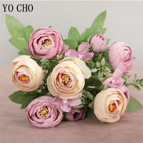 YO CHO 10 Heads Silk Rose Artificial Flower Bridesmaids Mini Bouquet Fake Rose Flower Arrangement Home Party Wedding Table Decor