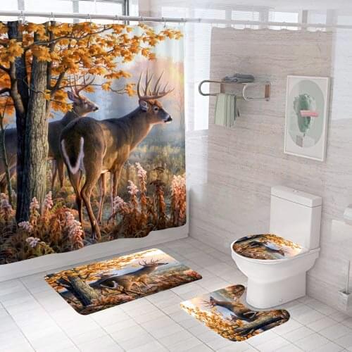 Autumn Forest Elk Shower Curtain Design Polyester Waterproof Bath Shower Curtain Rug Set Non-slip Bath Mat Toliet Cover