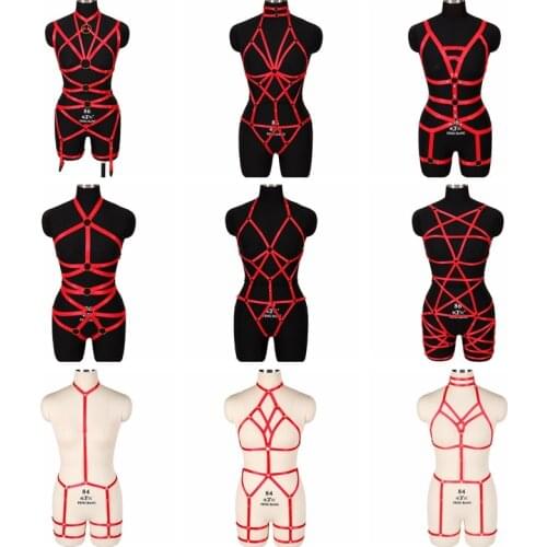 Full Body Harness Red Strappy Lingerie Top Cage Leg Garter Belt Elastic Plus Size Punk Goth Women Hollow Out Festival Club Wear