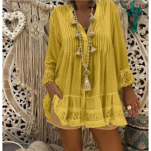 Women V neck Loose Blouse Female 2020 Lace Patchwork Shirt Tops
