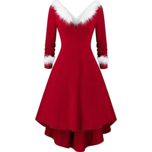 2021 New Women Christmas Long Sleeve Sexy V-Neck Red Midi Swing Dress White Plush Trim Pleated Asymmetric Party Santa Costume