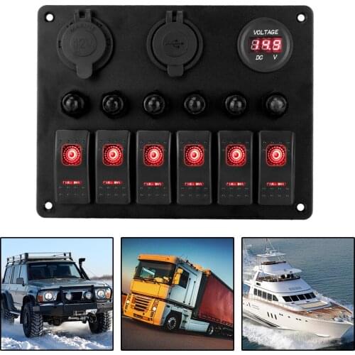 6 Gang Rocker Switch Panel Aluminum Panel Digital Voltmeter Dual USB Ports Car Marine Boat Circuit LED Breaker DC 12V/24V