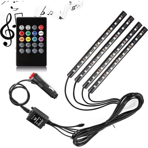 Car RGB LED Strip Light 4Pcs Car Interior DC 12V Multicolor Music Remote Control LED Under Dash Lighting Auto Decorative Kit