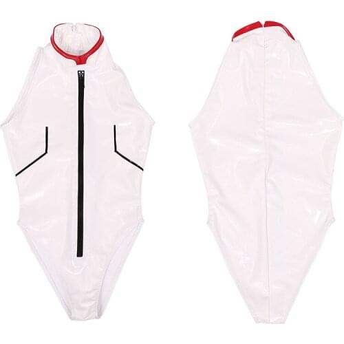 Wet Look Glitter Shiny PU Leather High Cut White Bodysuit Cosplay PVC Catsuit Japanese Swimsuit Sukumizu Tights Sexy Clubwear