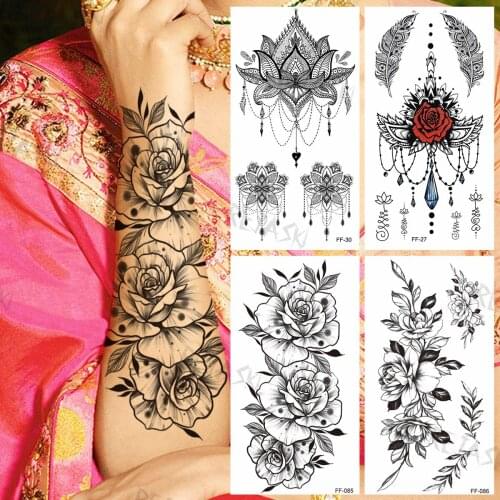 Black Dahlia Temporary Tattoos For Girls Adults Women Realistic Rose Flower Forearm Flora Fake Tattoo Sticker Arm Leg Tatoos