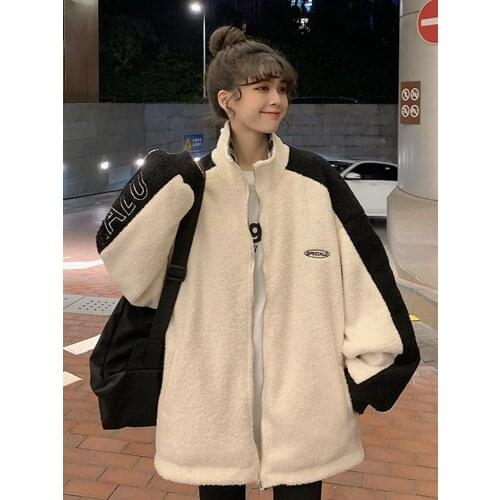 Color Matching Imitation Lamb Fur Thickened Double Side Plaid Sportswear Womens Autumn And Winter New Loose Casual Top