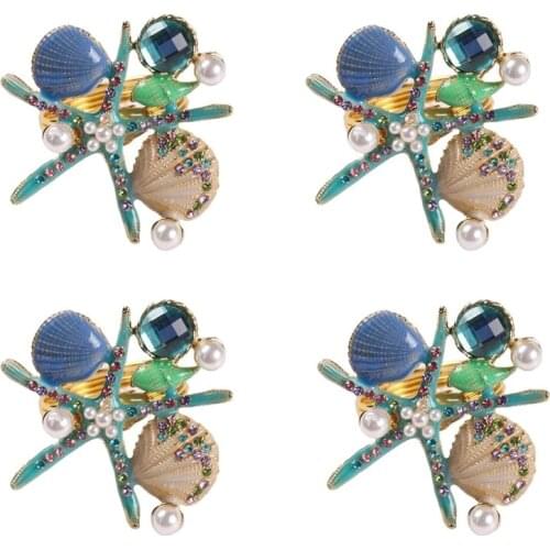 4Pcs Starfish Napkin Rings,Pearl Rhinestone Ocean Coastal Nautical Napkin Ring Holders Napkin Buckle for Party