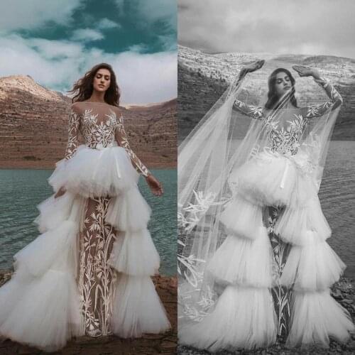 See Through A Line Wedding Dresses 2021 Long Sleeve Lace Appliques Wedding Gowns with Detachable Train Sexy Beach robe de mariée