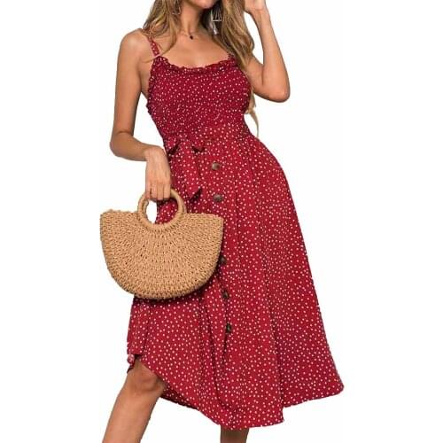 Sexy Summer Sleeveless Slip Printing Dress Women Strapless Bow Button Loose Bandage Pleated Polka Dot Sundress Casual Backless