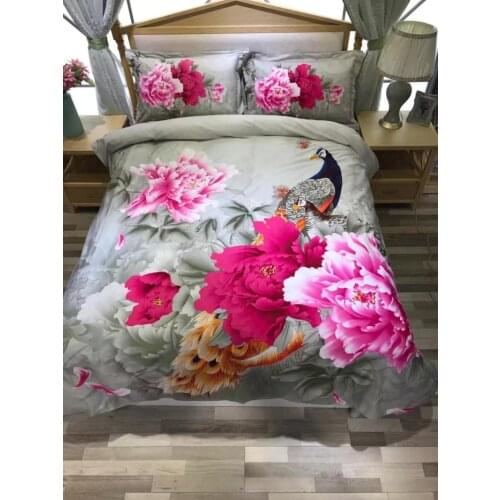 Nice 100% Cotton Printed Flower Bedding Set Wedding Bed Sheet Cover set Duvet Cover Pillowcase Queen King 4pcs Grey rose lily