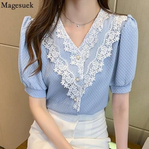 French V-neck Lace Stitching Women Blouse Summer Shirt Flower Tops Office Lady Female Short Sleeve Shirt Clothing Blusas 14251