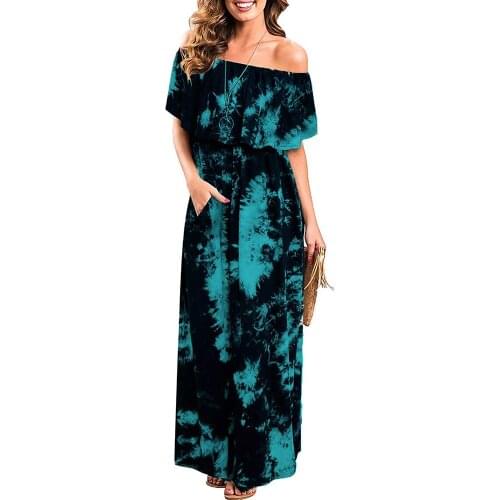 Party Retro Summer Women Tie Die Off Shoulder Ruffled High Waist Maxi Long Dress trendy