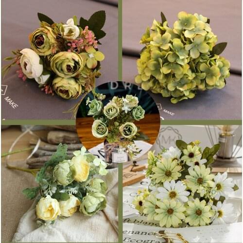 1pcs Green Artificial Flowers Peony Tea Rose Autumn Silk Fake Flowers for DIY Living Room Home Garden Wedding Decoration roses