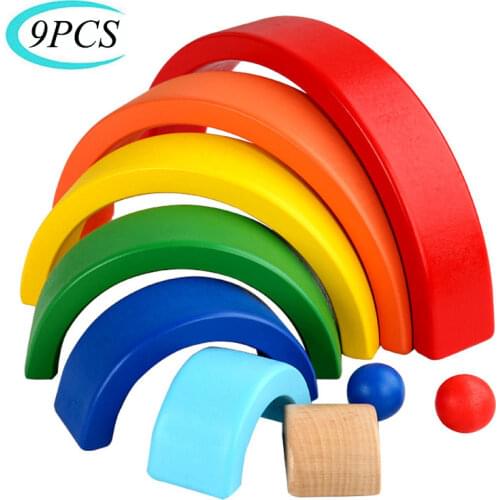 Wooden Seven-Color Rainbow Building Blocks Montessori Early Education Rainbow Jengle Arched Building Block Kids Educational Toy