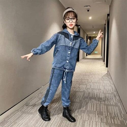 Baby Girl Hooded Denim Jackets coat + Drawstring Jeans 2Pcs/sets Children Solid Color Fashion Jeans Suit 3 4 6 7 8 9 10 12 Years
