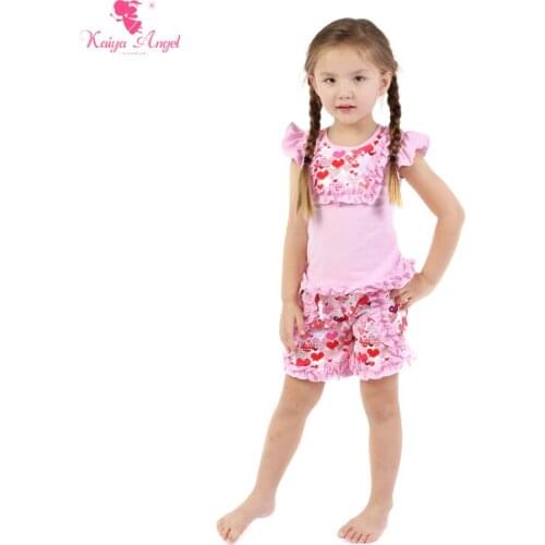 Kaiya Angel Valentines Day Children Clothing 1 Piece Pink Bird Girls Tee Shirt Shorts Clothes Set for Kids Factory Wholesale