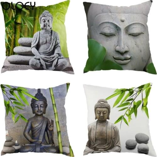 Chinese Style Buddha Statue Cotton Linen Square Pillow Case Buddhism Bodhisattva Cushion Cover Bedroom Hotel Car Decoration