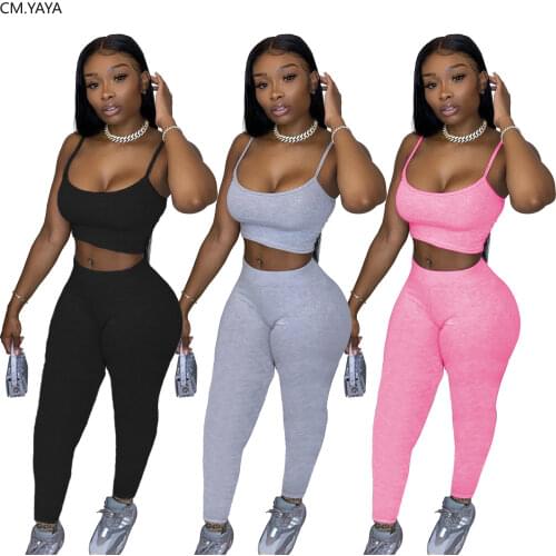 CM.YAYA Summer Women Sport Solid Two Pieces Sets Tracksuits Tank Tops Jogger Sweatpants Suit Fitness Night Club 2 Pcs Outfit
