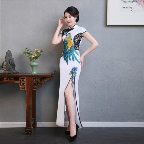 Fashion Elegant Cheongsam Embroidery White Qipao Long Chinese Traditional Dress Oriental Qi Pao Plus Size Women Clothing
