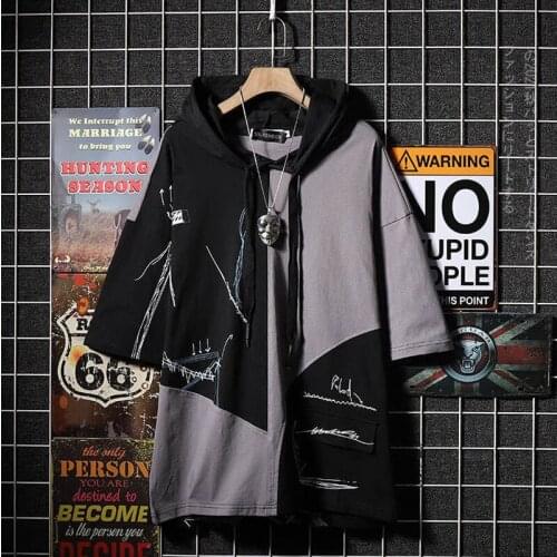 Trendy brand hip-hop contrast stitching hooded short-sleeved T-shirt mens loose large size 110KG can be wear men clothes