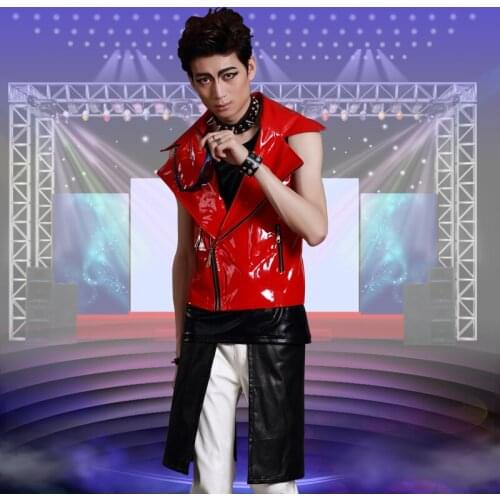 Fashion Male personality Leather Vest oOuterwear hiphop Jazz dance stage costume nightclub male singer dancer ds costumes