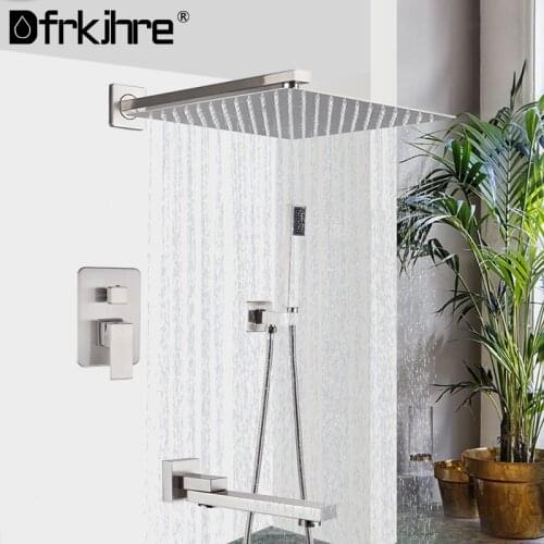 Brushed Nickel Bath Concealed Rainfall Shower Faucets Set Wall Mount Embedded Box Valve Shower System Bathtub Shower Mixers Tap
