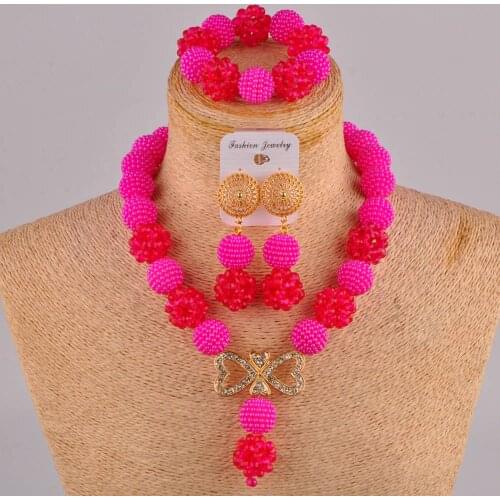Newest fashionable fuchsia pink costume necklace african set nigerian beads jewelry sets ZZ26