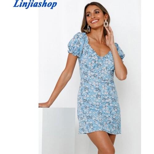 Holiday Blue Floral Print Girl Mini Dress France Chiffon Lining Summer Vestidos Fashion Short Sleeve Women Dresses